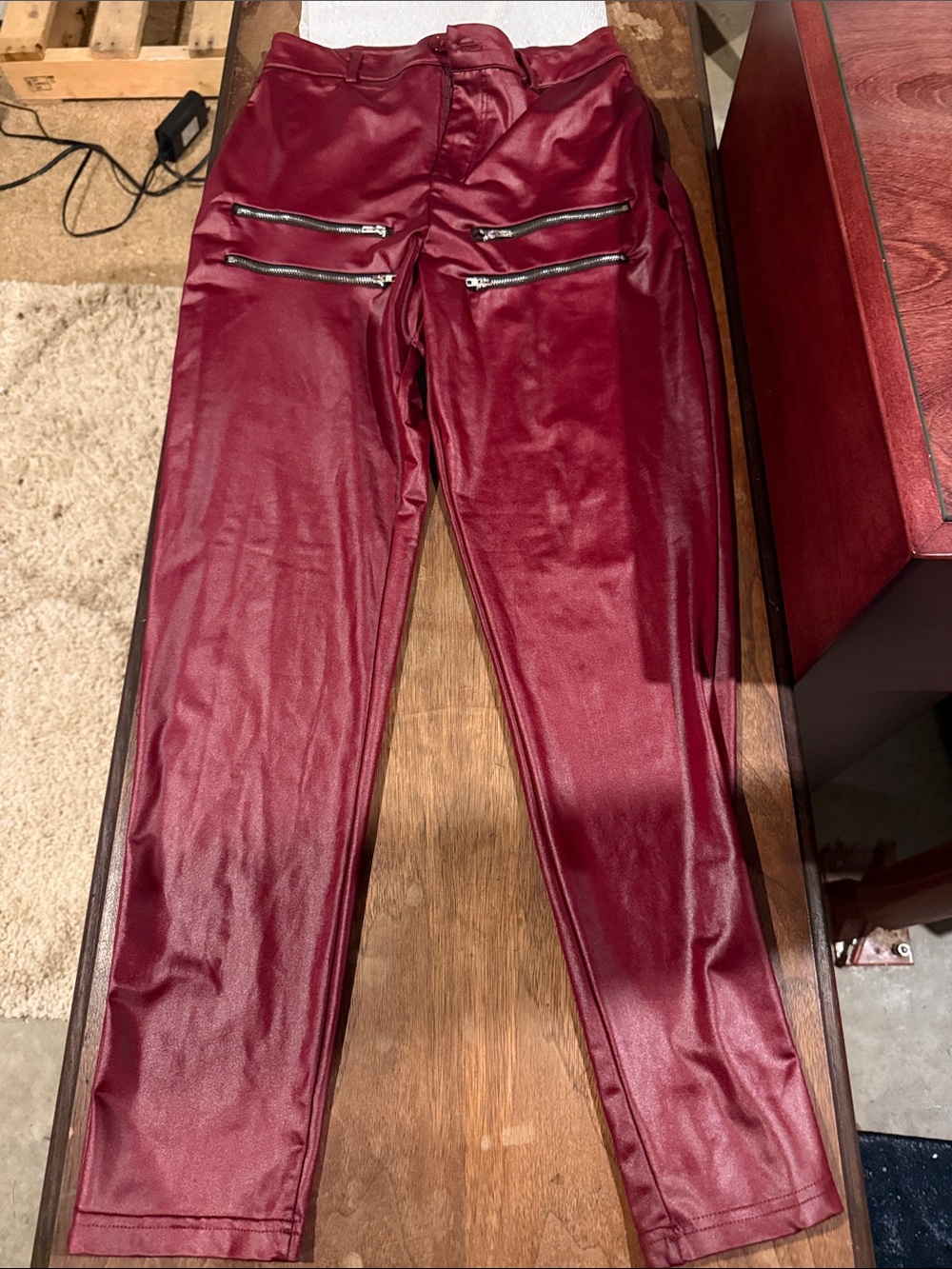 Faux Leather Skinny Pants in Burgundy with Zip Accents